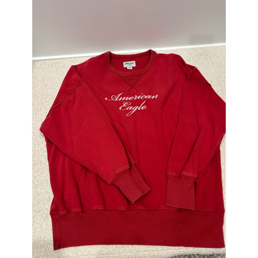 American Eagle Mens Red Script Logo Crewneck Sweatshirt Seam Detail Medium
